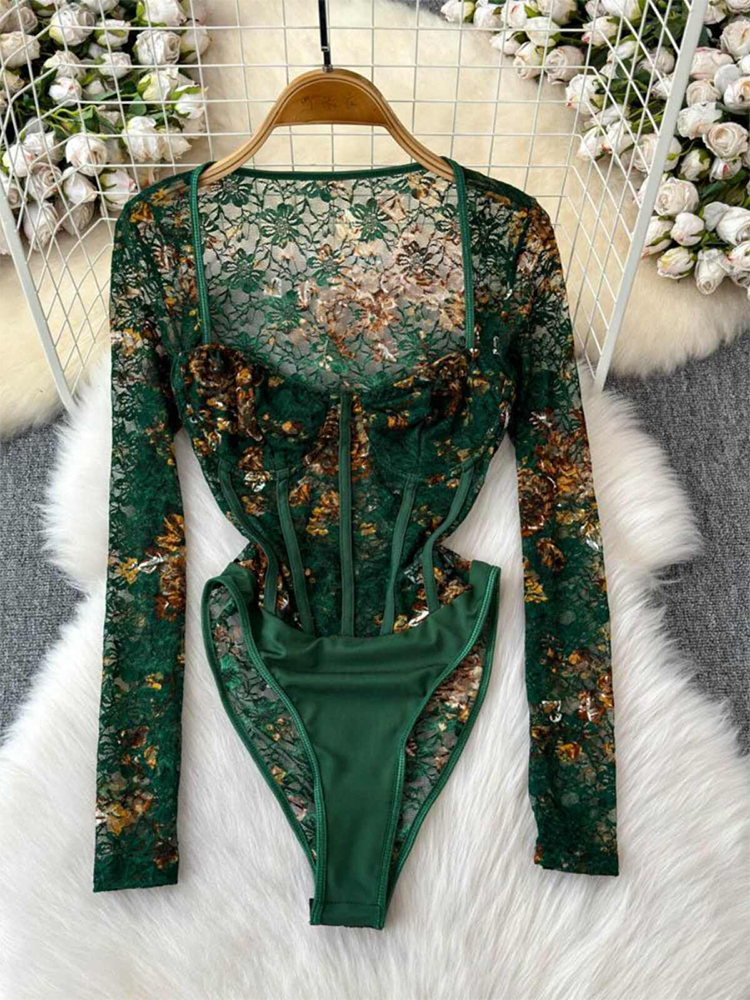 Winter Clothing Factory Outlet - Women's Green Lace Jumpsuits Vintage Skinny