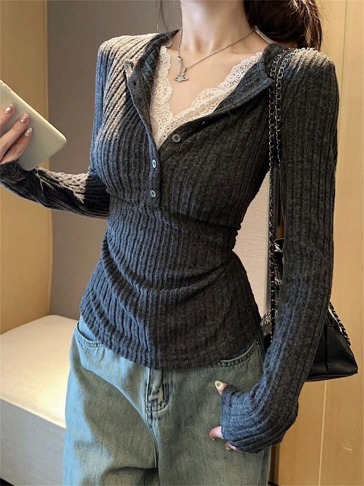 Women's Top Lace Patchwork Lon – Winter Clothing Aesthetic recenzja i cena