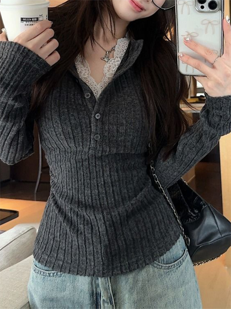 Women's Top Lace Patchwork Lon – Winter Clothing Aesthetic recenzja i cena