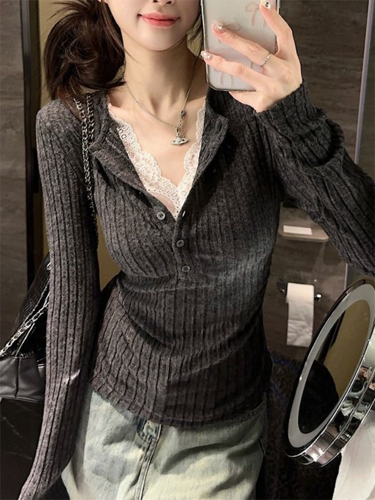 Women's Top Lace Patchwork Lon – Winter Clothing Aesthetic recenzja i cena