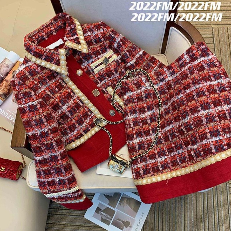 Women Elegant Tweed Red Suit J – Winter Clothing Outfits recenzja i cena