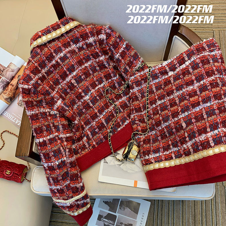 Women Elegant Tweed Red Suit J – Winter Clothing Outfits recenzja i cena