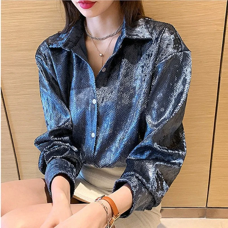 Women's Shiny Button Shirt Spr – Quality Winter Clothing recenzja i cena